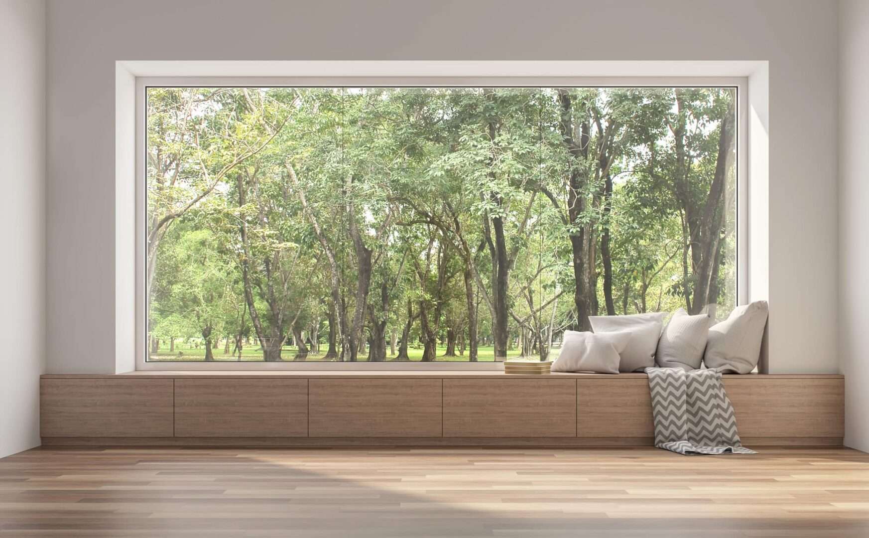 Side window seat 3d render.There are white room,wood seat,decorate with many pillow.There are big windows look out to see nature view.