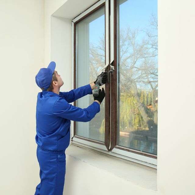 a man in blue uniform using a tool to open a window