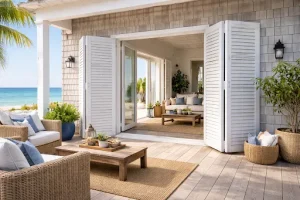 White accordion hurricane shutters opened on a coastal patio, highlighting design differences in accordion vs roll-down hurricane shutters.
