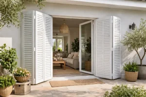 Accordion hurricane shutters folded open on sliding glass doors, showing ease of use in accordion vs roll-down hurricane shutters.