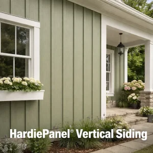 James Hardie siding in HardiePanel vertical boards on home exterior, showcasing modern fiber cement design.