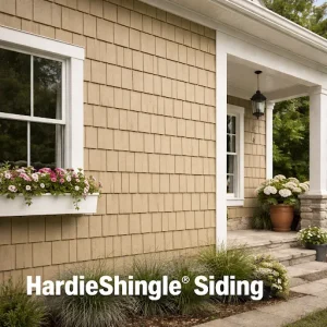 James Hardie siding in HardieShingle style with textured shingle pattern on residential exterior.