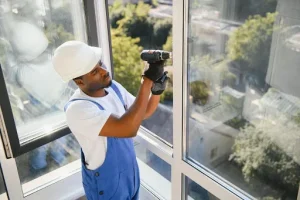 Contractor installing Impact Windows for hurricane protection in Sarasota and Bradenton homes.