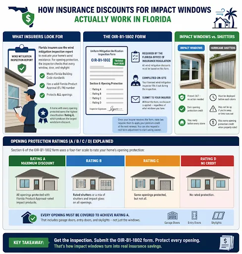 Guide explaining impact windows insurance discount Florida ratings, inspections, and opening protection credits.