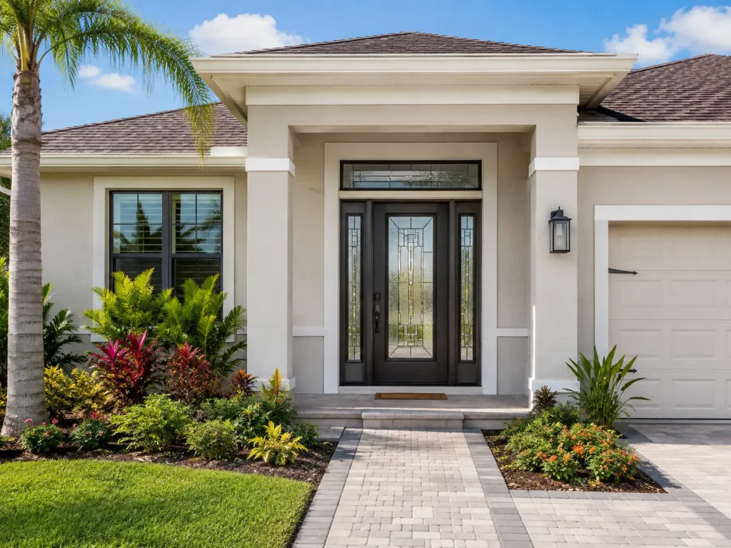 Florida home with black fiberglass front door, glass sidelights and tropical landscaping.