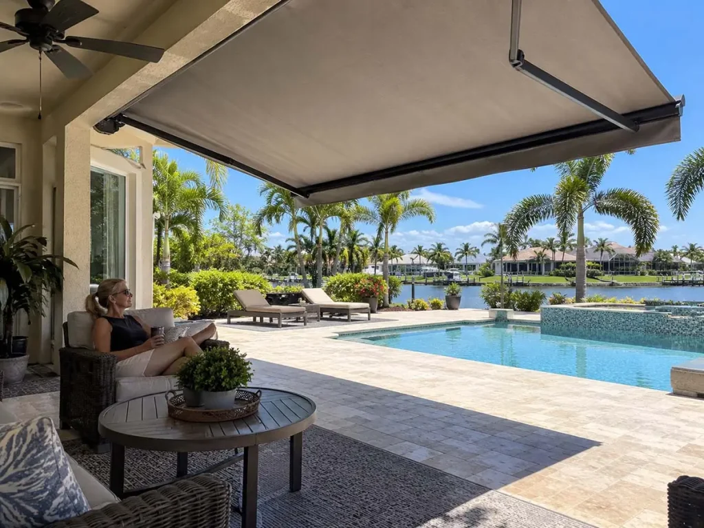 Motorized retractable awning shading a Southwest Florida pool deck in bright afternoon sun)